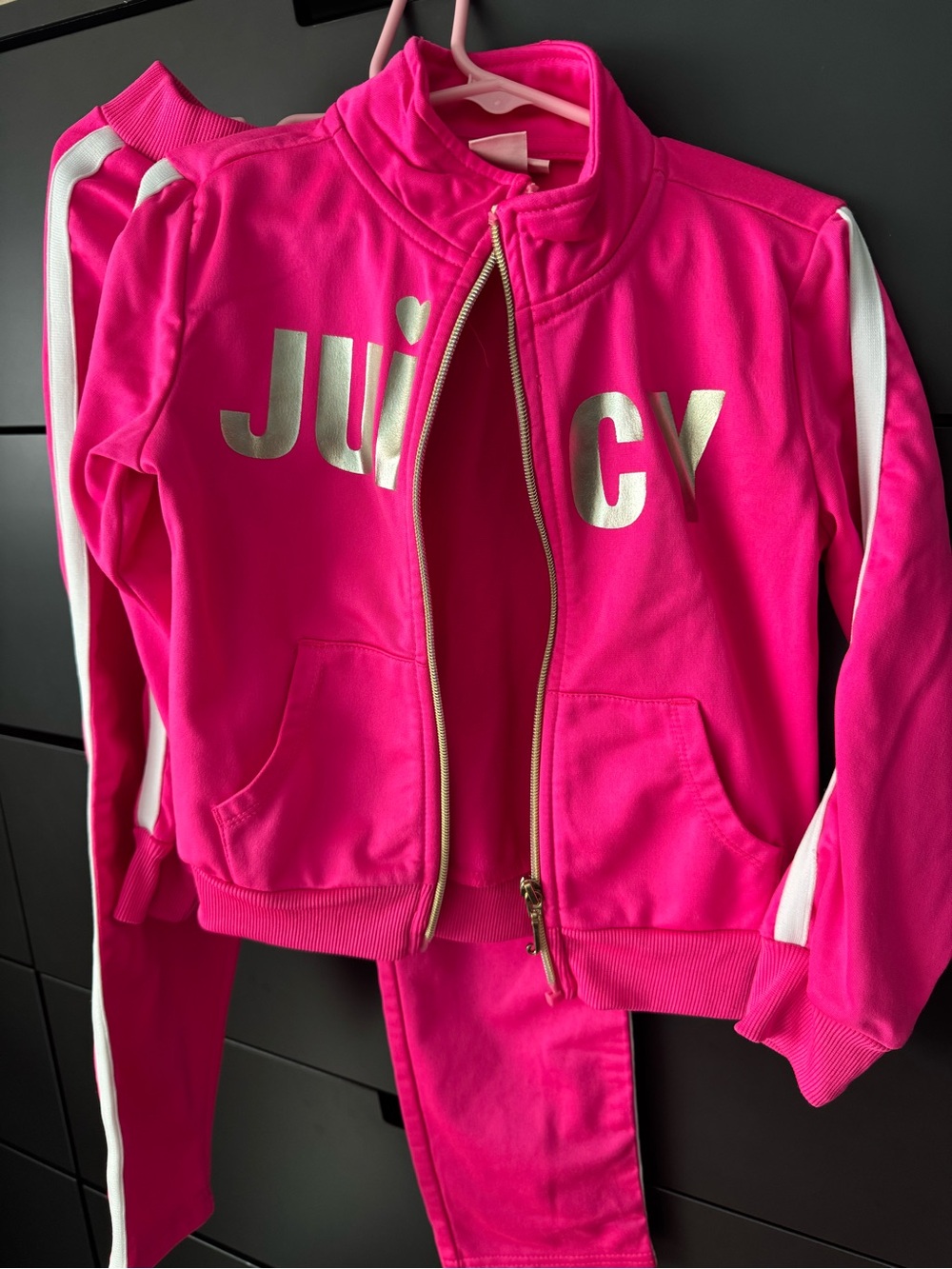 Juicy Couture Girls' Neon Pink Track Jacket with White Stripes & Metallic Logo